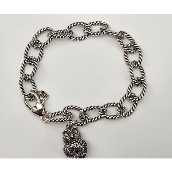 Brighton NIGHT WATCH OWL Silver Link Charm Bracelet Crystals w/pouch - Picture 1 of 9